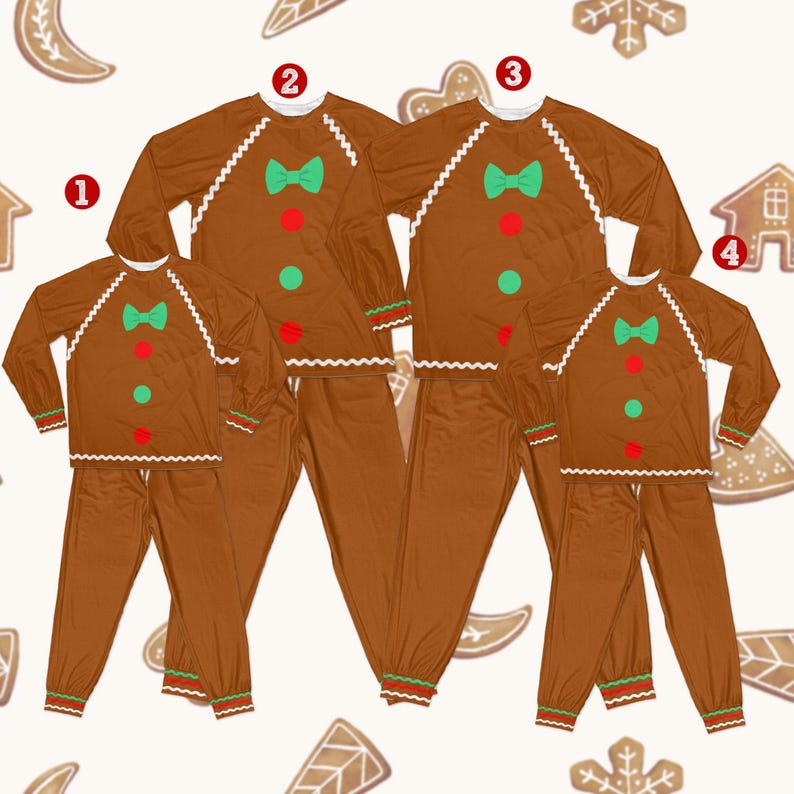 Gingerbread cookie family pajama sets in four sizes with candy button print