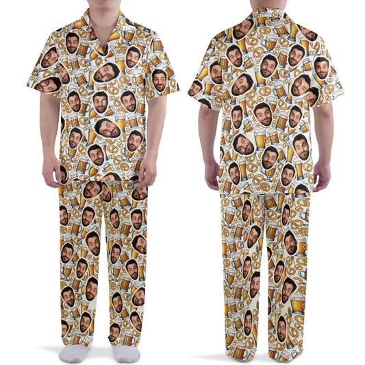 Custom face beer and pretzel pajama set for men, short sleeve set and long set flat lay