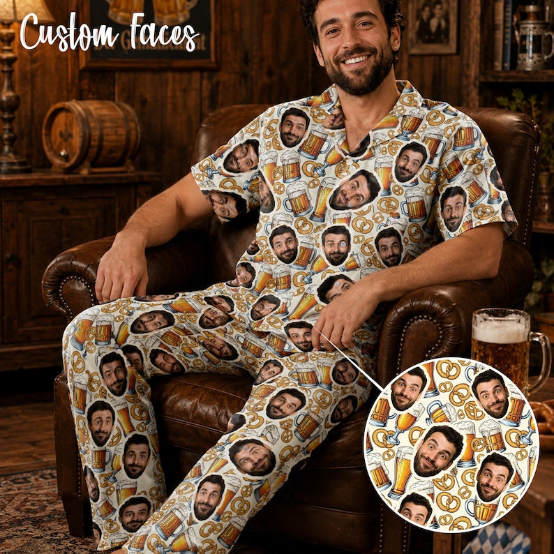 Man wearing custom face beer and pretzel long pajama set with photo print close-up