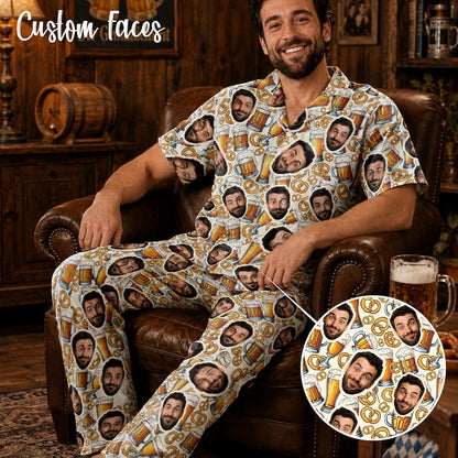 Man wearing custom face beer and pretzel long pajama set with photo print close-up