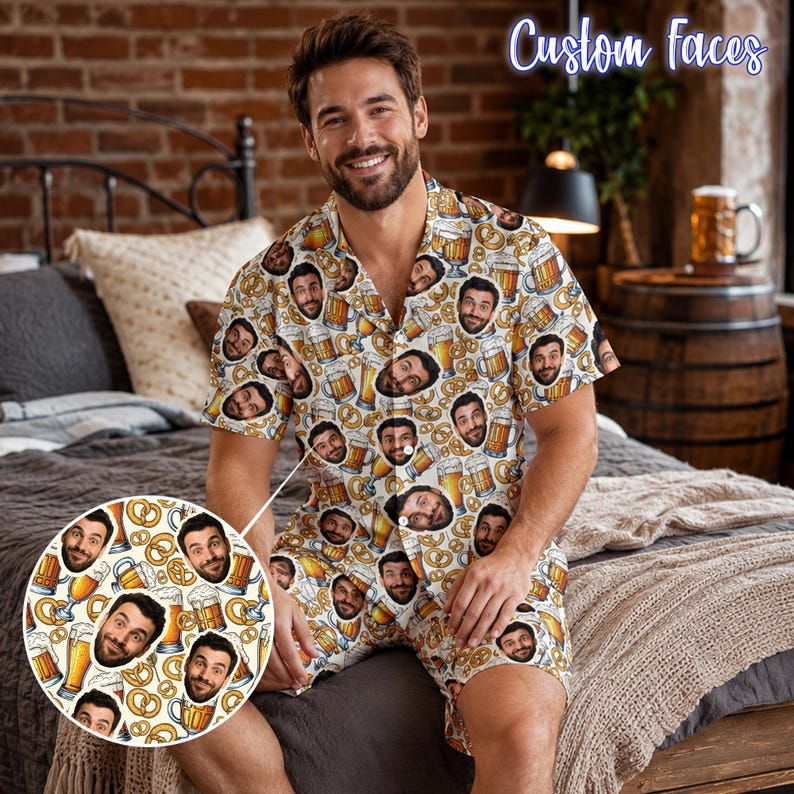 Man wearing custom face beer and pretzel short pajama set with photo print close-up
