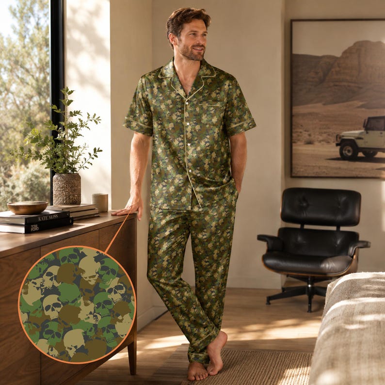 Man wearing skull camo green satin pajama set with short sleeve shirt and long pants