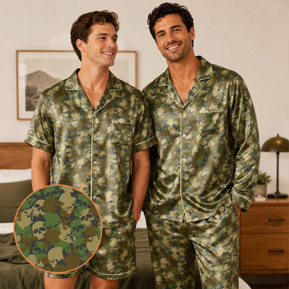 Two men wearing skull camo satin pajama sets, long and short versions