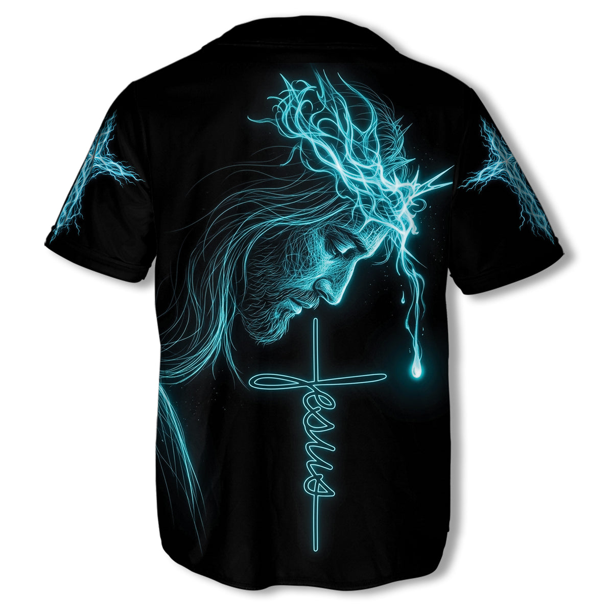 Jesus Is My Everything baseball jersey, back view: Jesus in a glowing crown of thorns above a Jesus cross with a single tear