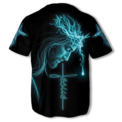 Jesus Is My Everything baseball jersey, back view: Jesus in a glowing crown of thorns above a Jesus cross with a single tear