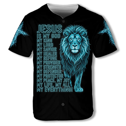 Jesus Is My Everything baseball jersey in black, front view: neon blue Lion of Judah with the Jesus Is My God, My King, My Everything lettering and lightning cross sleeves