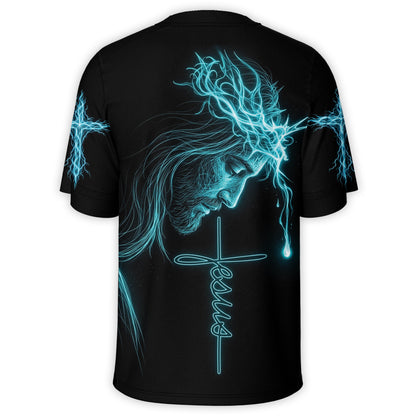 Jesus Is My Everything football jersey, back view: Jesus in a glowing crown of thorns above a Jesus cross with a single tear