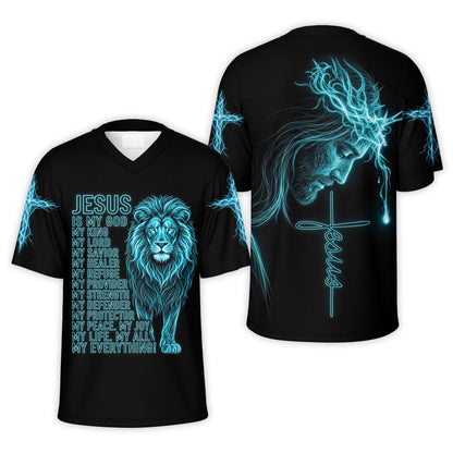 Jesus Is My Everything Christian football jersey, front and back views side by side