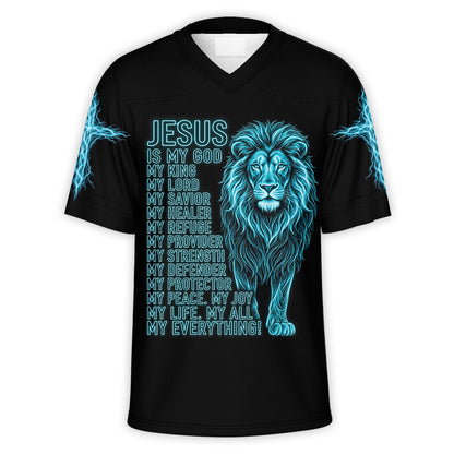 Jesus Is My Everything football jersey in black, front view: neon blue Lion of Judah with the Jesus Is My God, My King, My Everything lettering and lightning cross sleeves