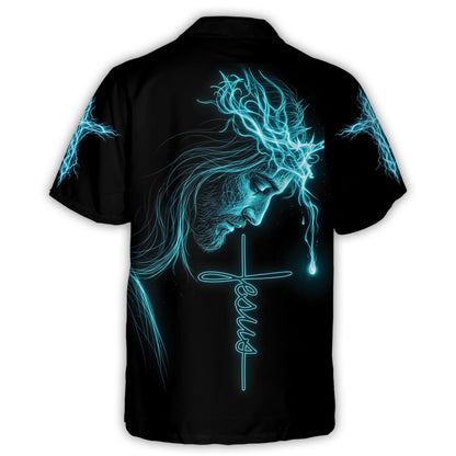 Jesus Is My Everything hawaiian shirt, back view: Jesus in a glowing crown of thorns above a Jesus cross with a single tear