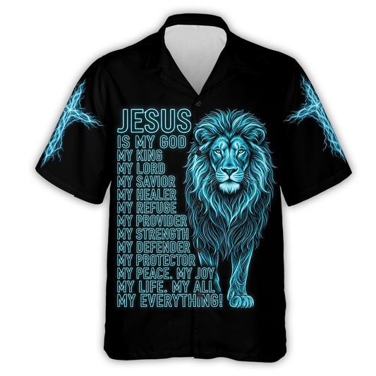 Jesus Is My Everything hawaiian shirt in black, front view: neon blue Lion of Judah with the Jesus Is My God, My King, My Everything lettering and lightning cross sleeves