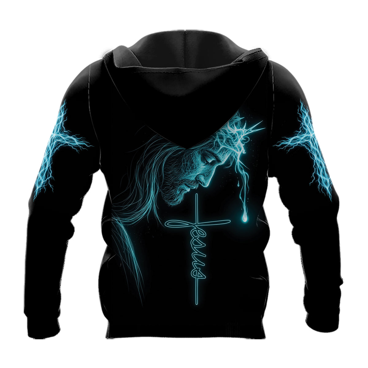Jesus Is My Everything hoodie, back view: Jesus in a glowing crown of thorns above a Jesus cross with a single tear