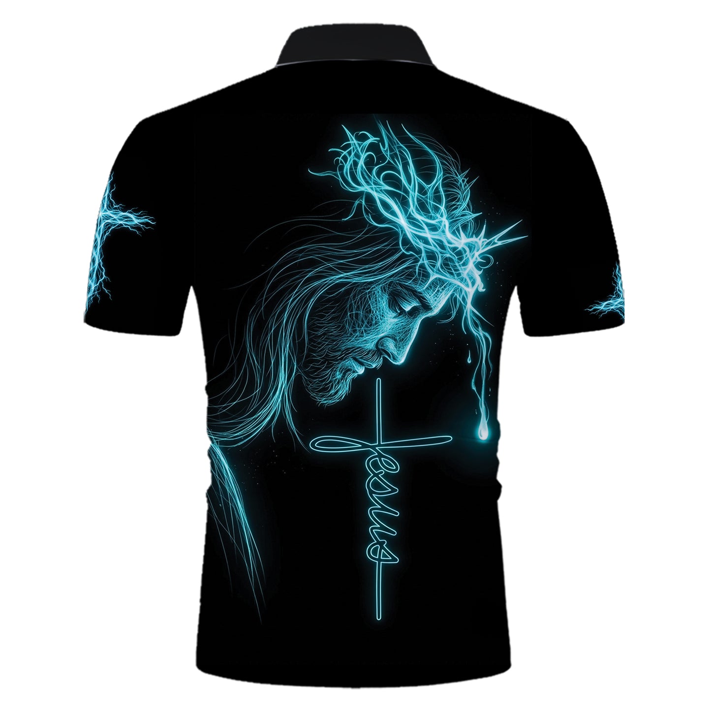 Jesus Is My Everything polo shirt, back view: Jesus in a glowing crown of thorns above a Jesus cross with a single tear