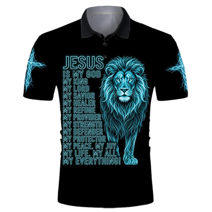 Jesus Is My Everything polo shirt in black, front view: neon blue Lion of Judah with the Jesus Is My God, My King, My Everything lettering and lightning cross sleeves