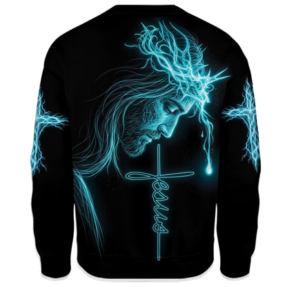 Jesus Is My Everything sweatshirt, back view: Jesus in a glowing crown of thorns above a Jesus cross with a single tear