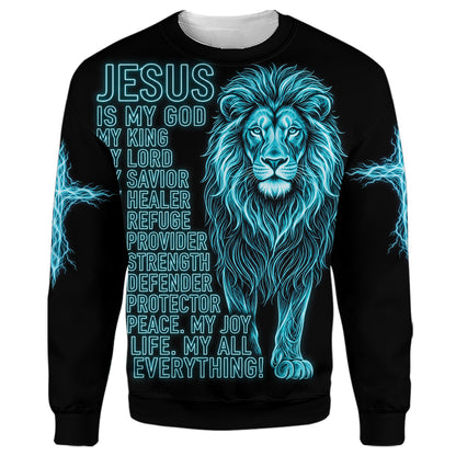 Jesus Is My Everything sweatshirt in black, front view: neon blue Lion of Judah with the Jesus Is My God, My King, My Everything lettering and lightning cross sleeves