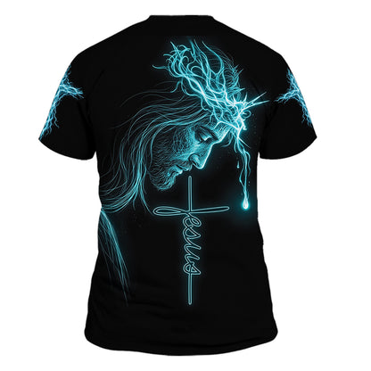 Jesus Is My Everything t-shirt, back view: Jesus in a glowing crown of thorns above a Jesus cross with a single tear