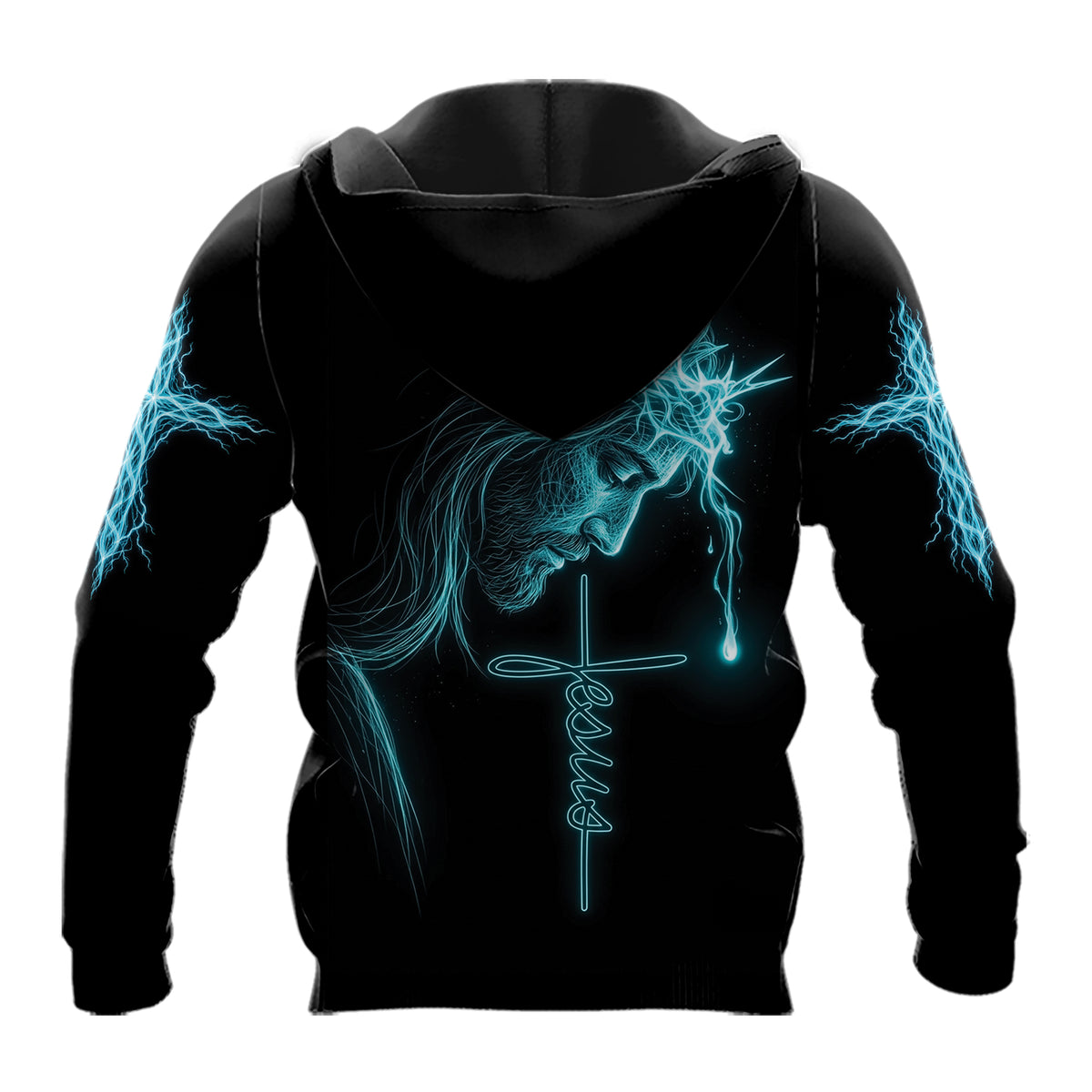 Jesus Is My Everything zip hoodie, back view: Jesus in a glowing crown of thorns above a Jesus cross with a single tear