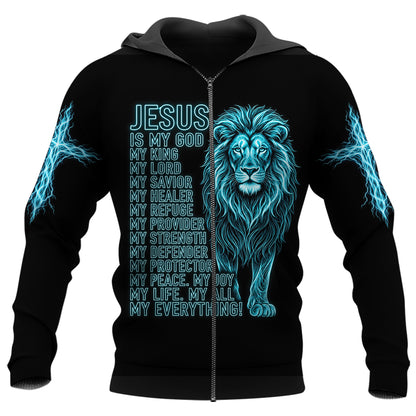 Jesus Is My Everything zip hoodie in black, front view: neon blue Lion of Judah with the Jesus Is My God, My King, My Everything lettering and lightning cross sleeves