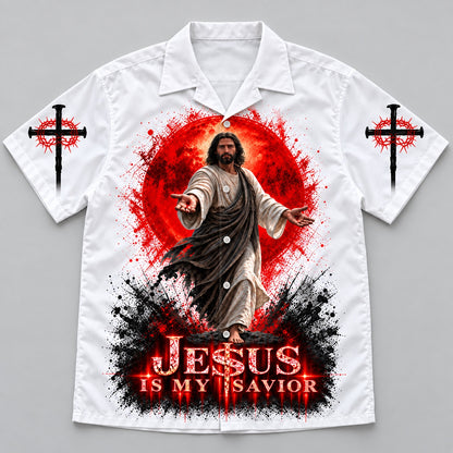 Jesus Is My Savior Hawaiian shirt, white camp collar shirt with Jesus on a red halo and crown-of-thorns cross sleeves, front view