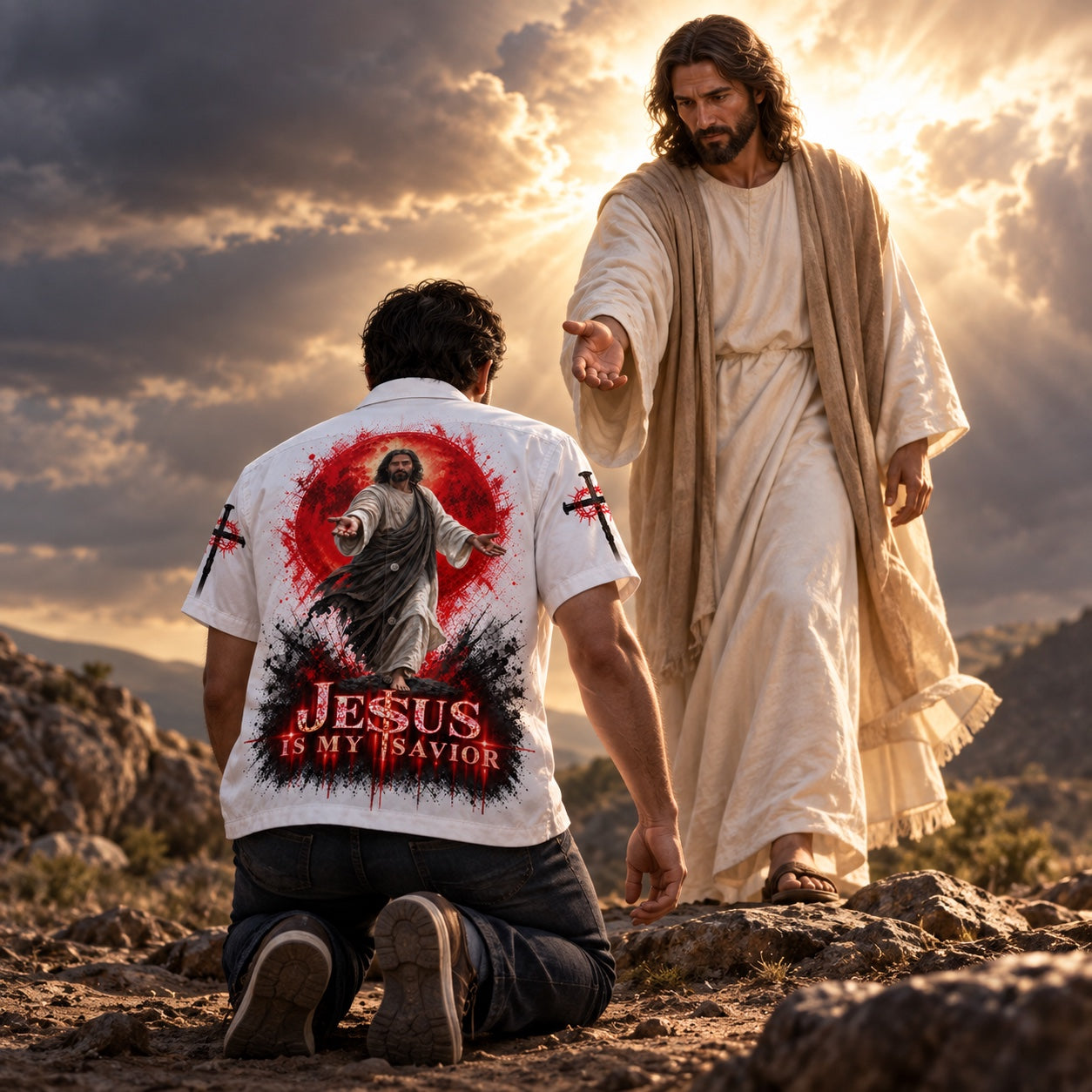 Man kneeling in the Jesus Is My Savior Hawaiian shirt as Jesus reaches out his hand, back print view