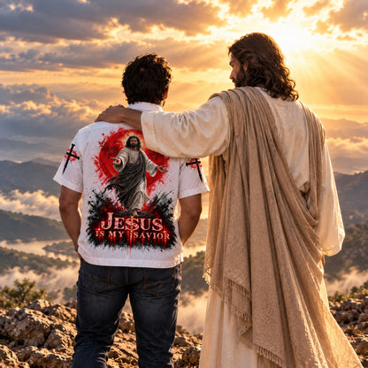Man wearing the Jesus Is My Savior Christian Hawaiian shirt at sunset with Jesus's arm around his shoulder