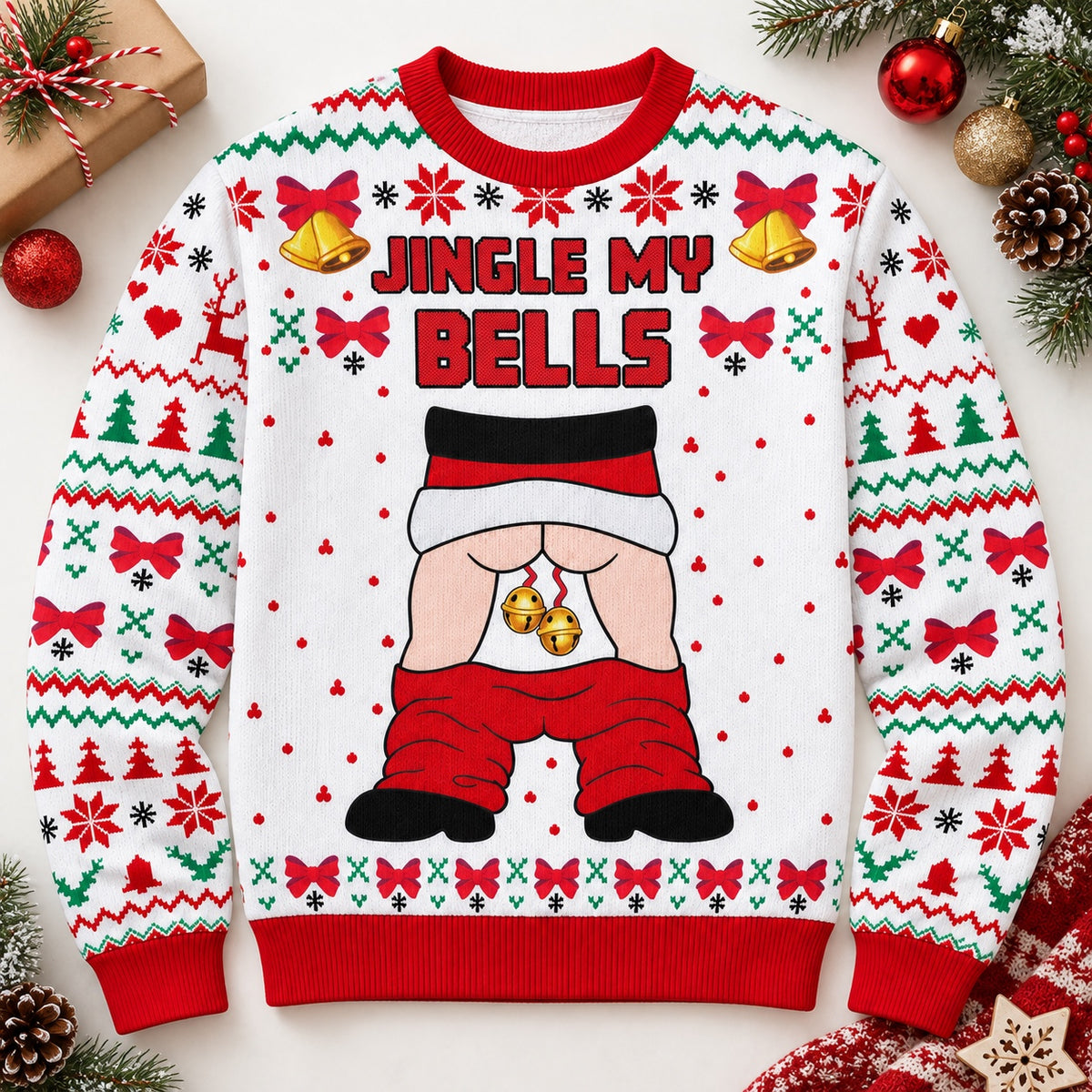 Flat lay of the Jingle My Bells ugly Christmas sweater showing the full faux-knit pattern and Santa graphic