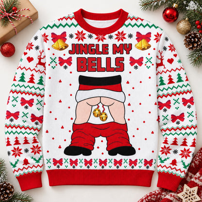 Flat lay of the Jingle My Bells ugly Christmas sweater showing the full faux-knit pattern and Santa graphic