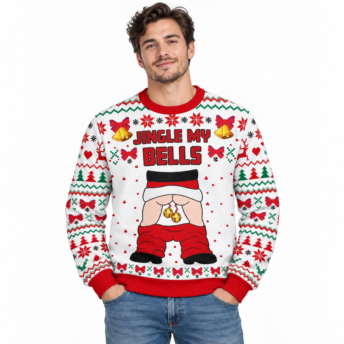 Jingle My Bells funny ugly Christmas sweater on a man, red and white faux-knit print, front view