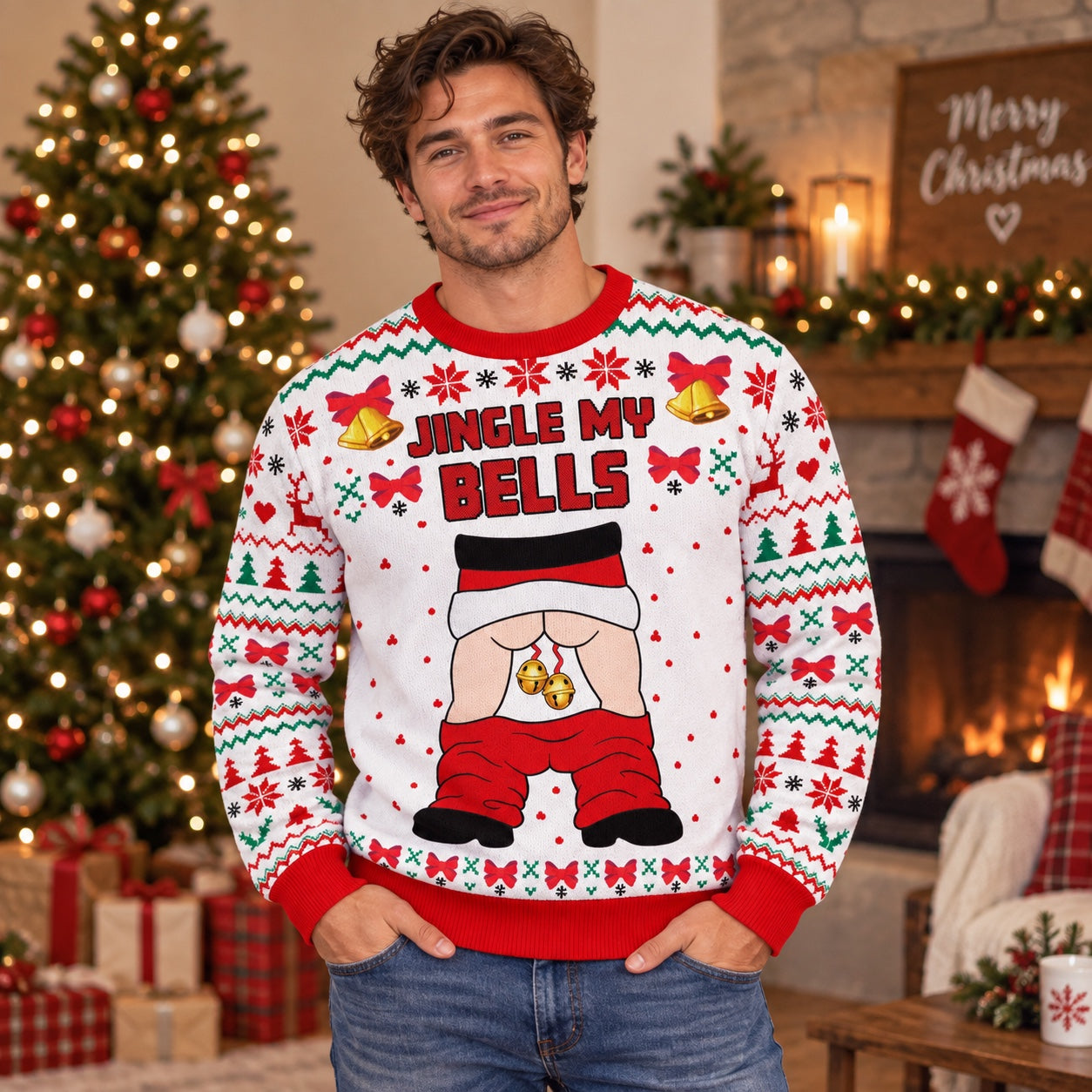 Man wearing the Jingle My Bells cheeky Santa ugly Christmas sweater by a Christmas tree and fireplace