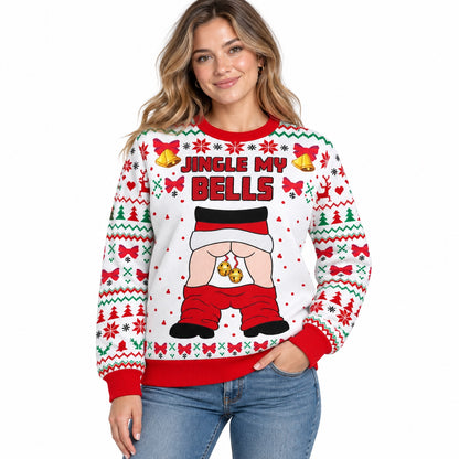 Jingle My Bells ugly Christmas sweater on a woman, unisex fit, front view