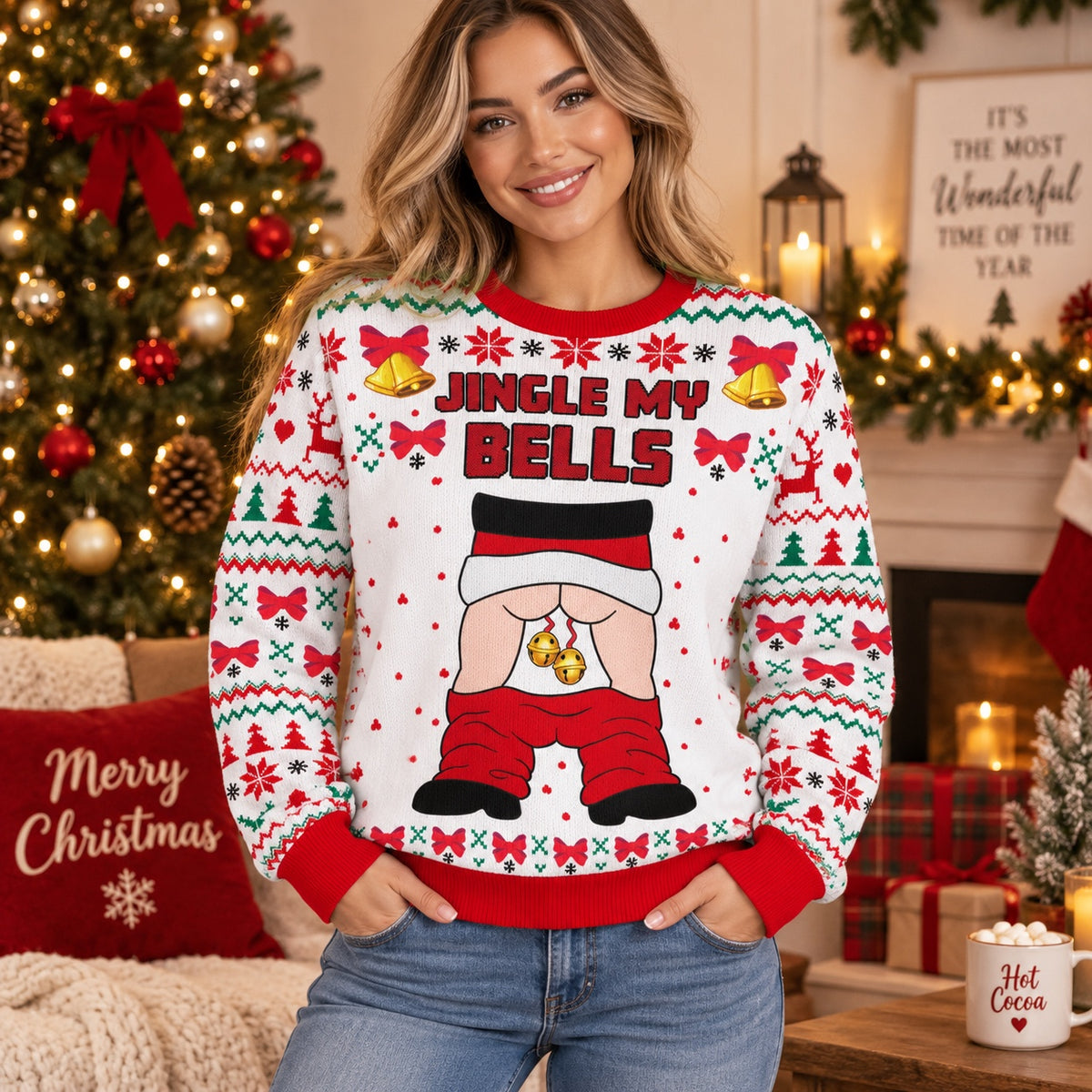 Woman wearing the Jingle My Bells funny holiday sweater in a decorated living room