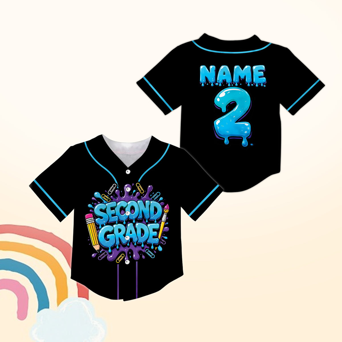 Front view of the personalized kids jersey with dripping blue bubble text