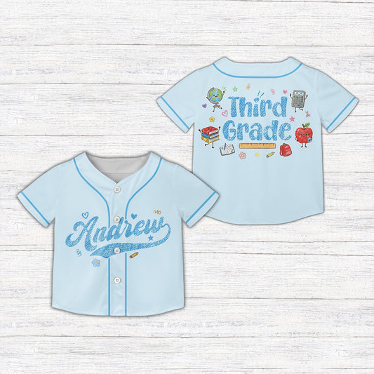 Custom kids jersey with third grade school supplies design and personalized name, main view