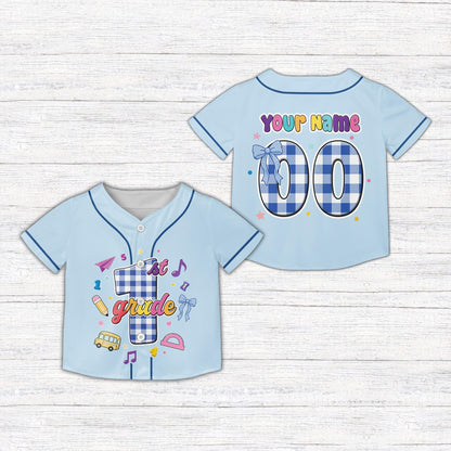 Blue back to school kids jersey with custom name and number, front view