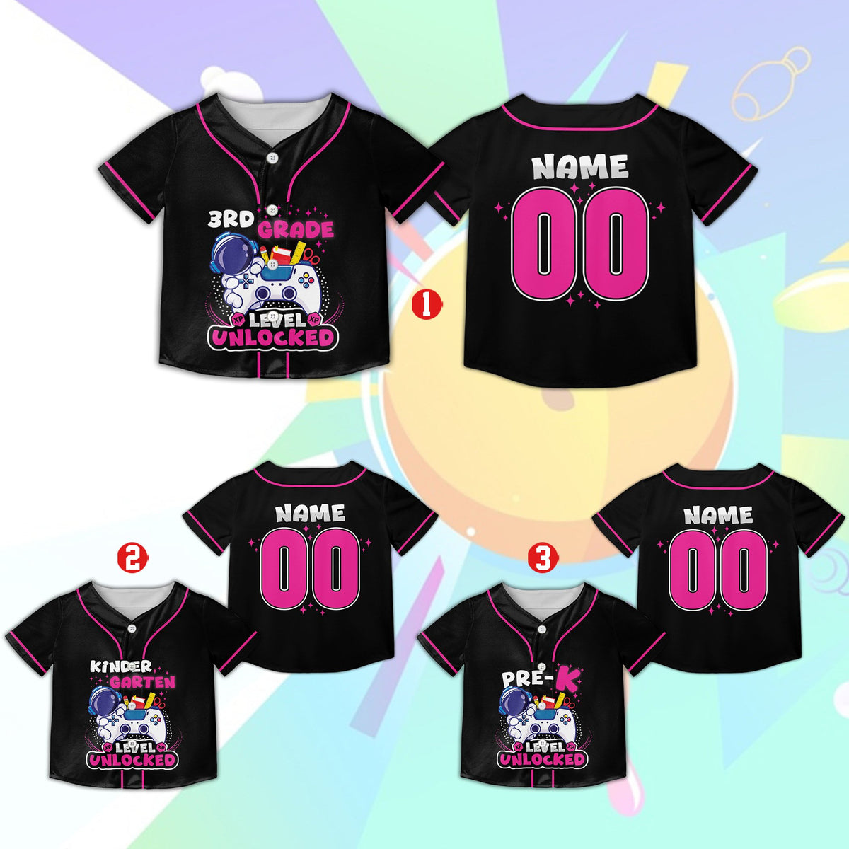 Black back to school gaming kids jersey with astronaut gamer design, main view