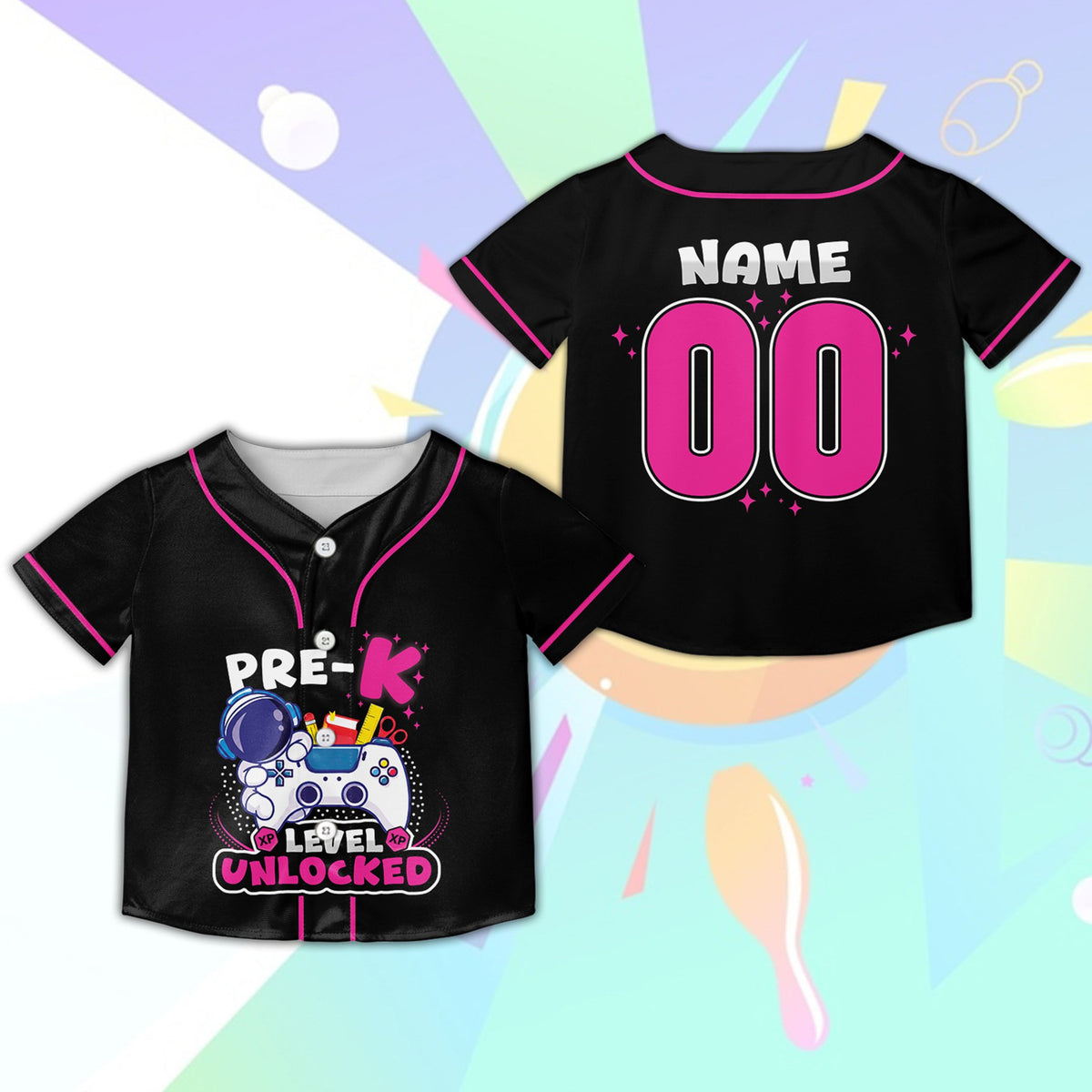 Close up of gamer astronaut design on the black kids jersey