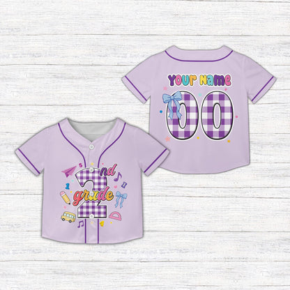 Purple personalized kids jersey with plaid number and school theme, front view
