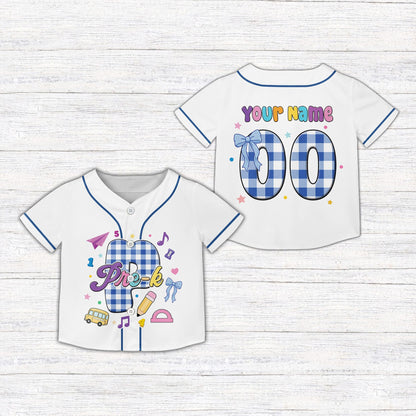 White back kids jersey with personalized back to school plaid design, front view
