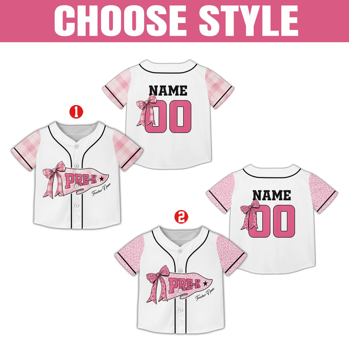 Front view of the personalized kids jersey with pink plaid sleeves