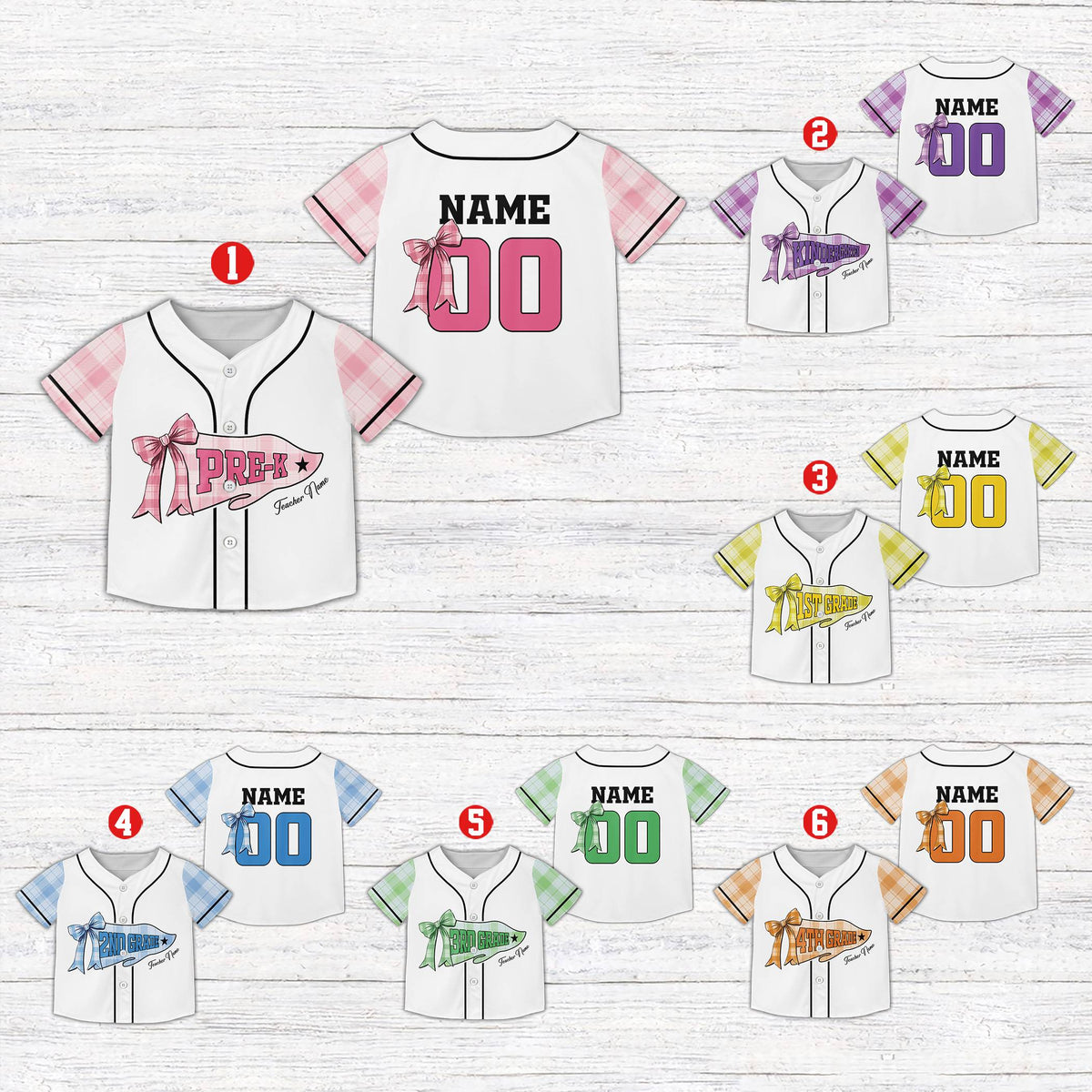 Personalized back to school kids jersey in white with colorful plaid sleeves, main view