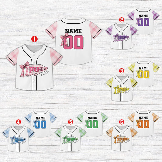 Personalized back to school kids jersey in white with colorful plaid sleeves, main view