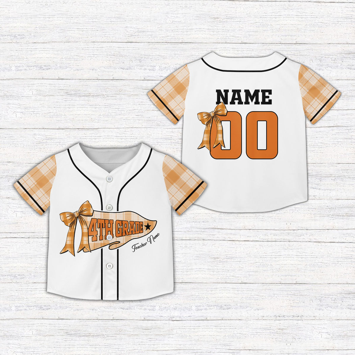 Front view of the back to school kids jersey with purple plaid sleeves