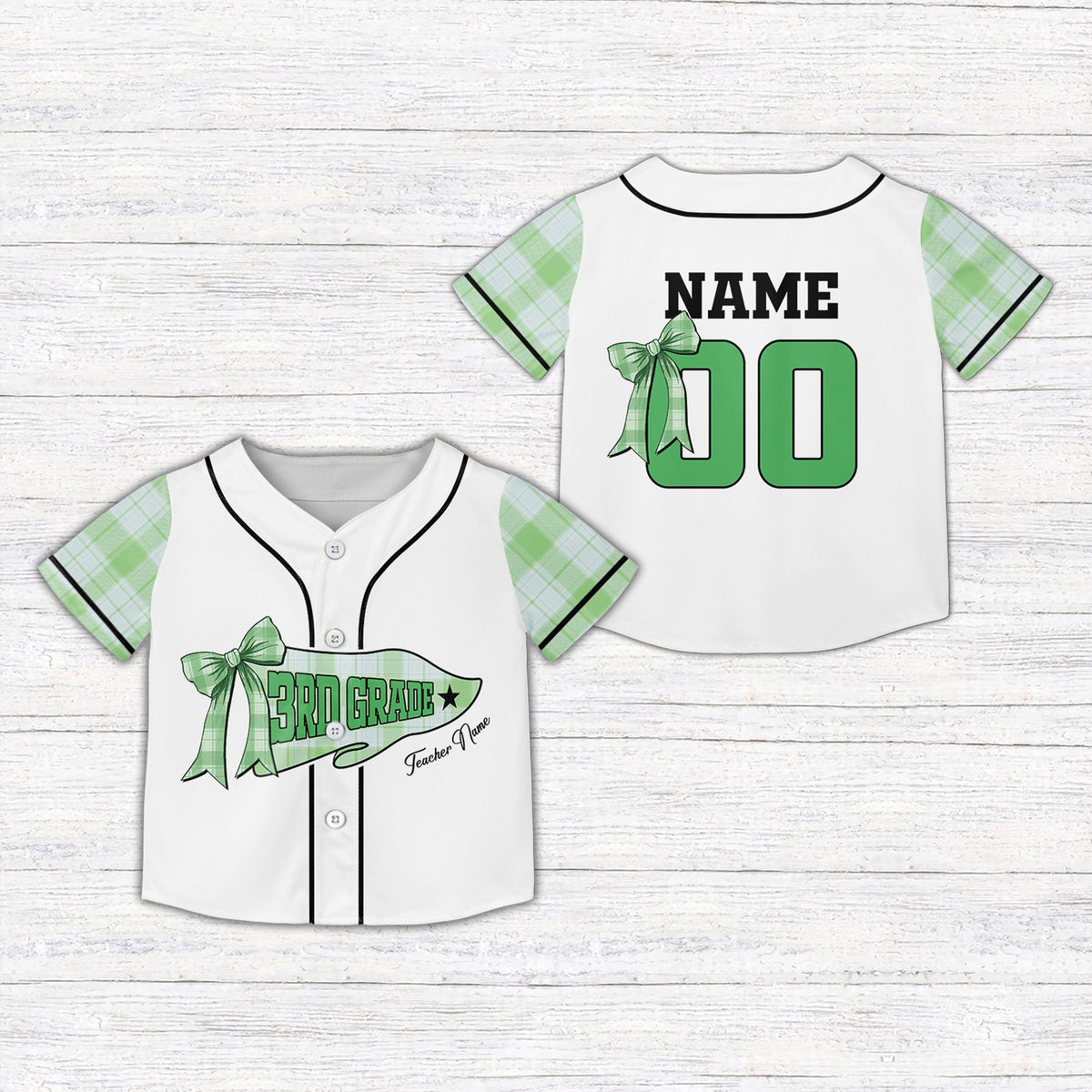 Front view of the custom name and number kids jersey with yellow plaid sleeves