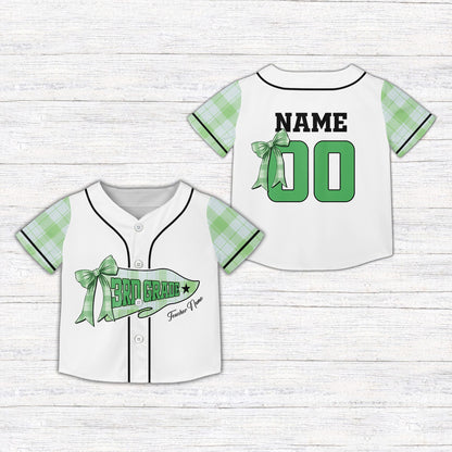 Front view of the custom name and number kids jersey with yellow plaid sleeves