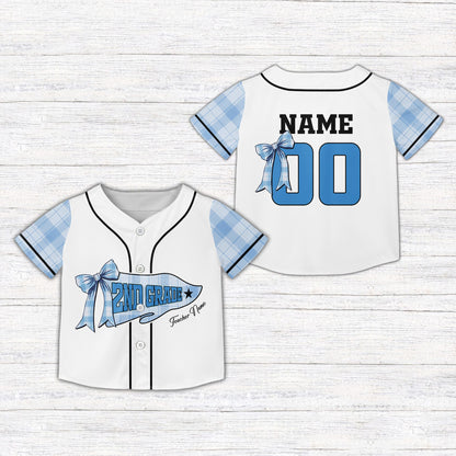 Front view of the personalized kids jersey with blue plaid sleeves