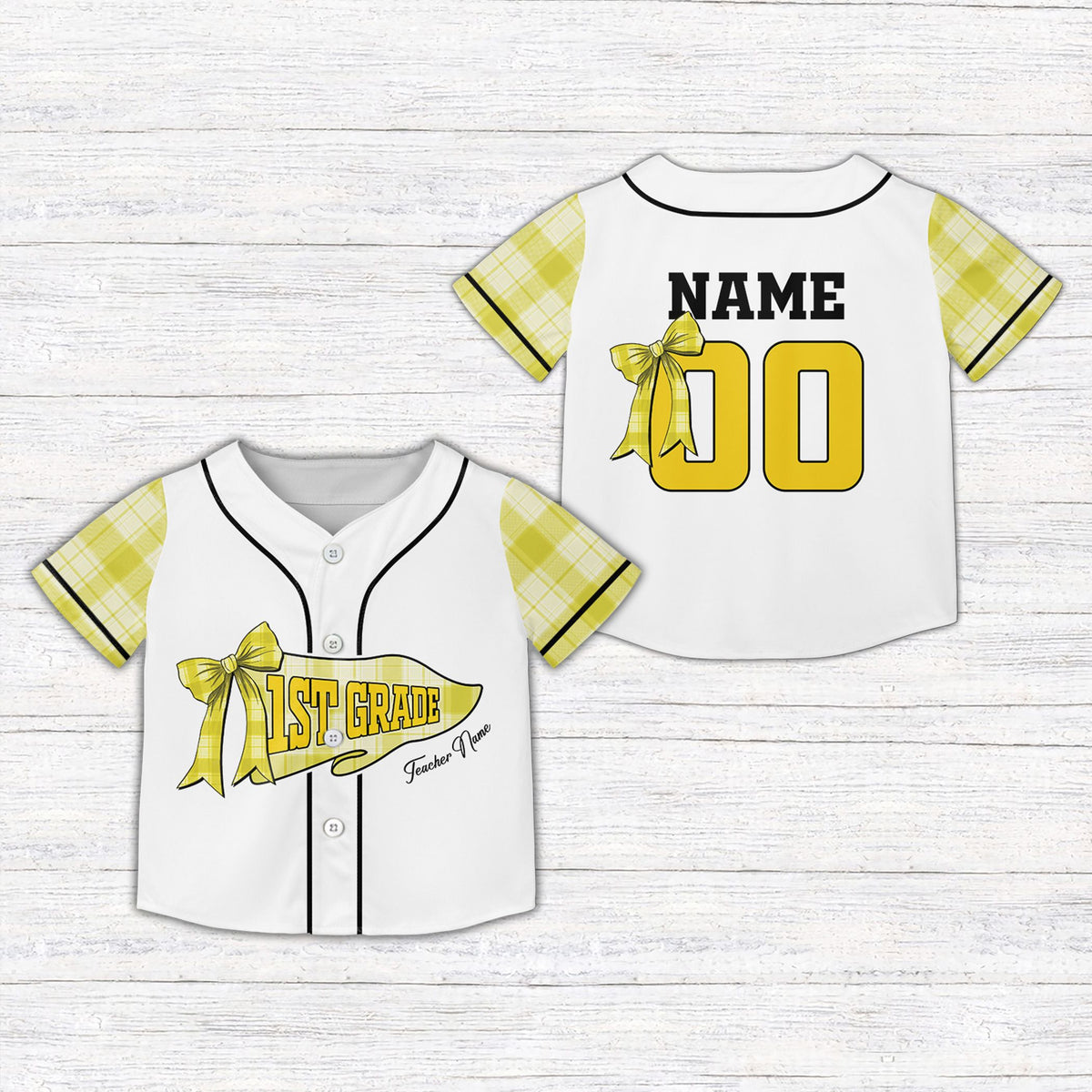 Front view of the back to school kids jersey with green plaid sleeves