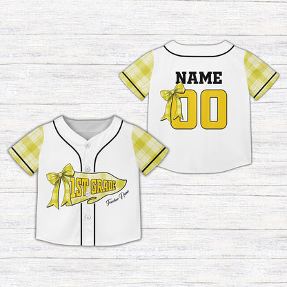 Front view of the back to school kids jersey with green plaid sleeves