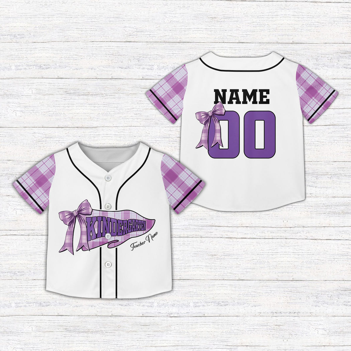 Front view of the custom kids jersey with orange plaid sleeves