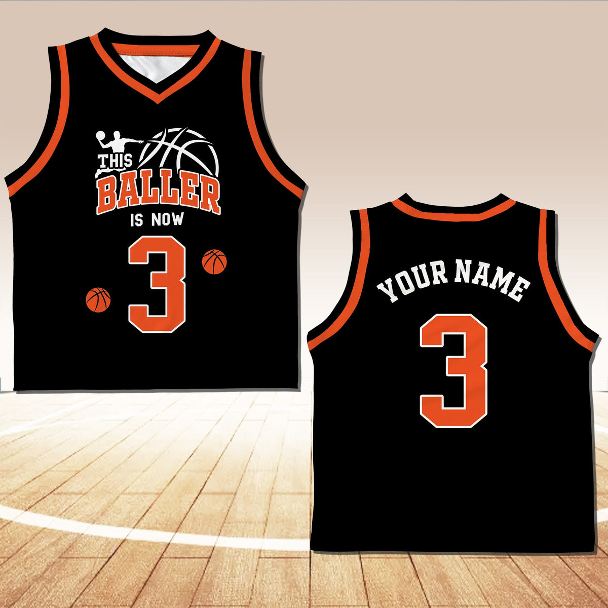 Close-up front view of the customized black basketball youth jersey